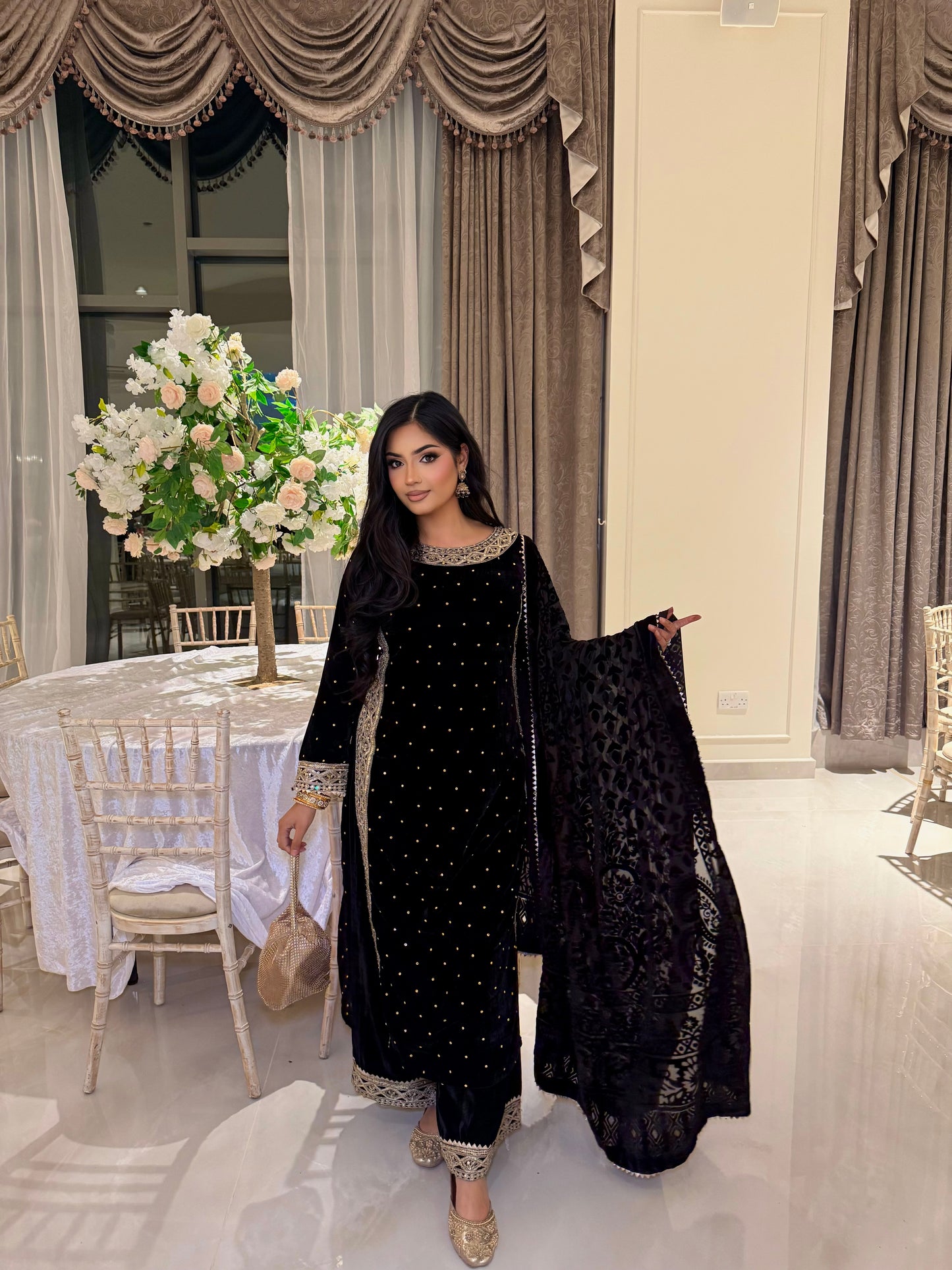 DIYA BLACK VELVET 3 PIECE PLAZZO SUIT