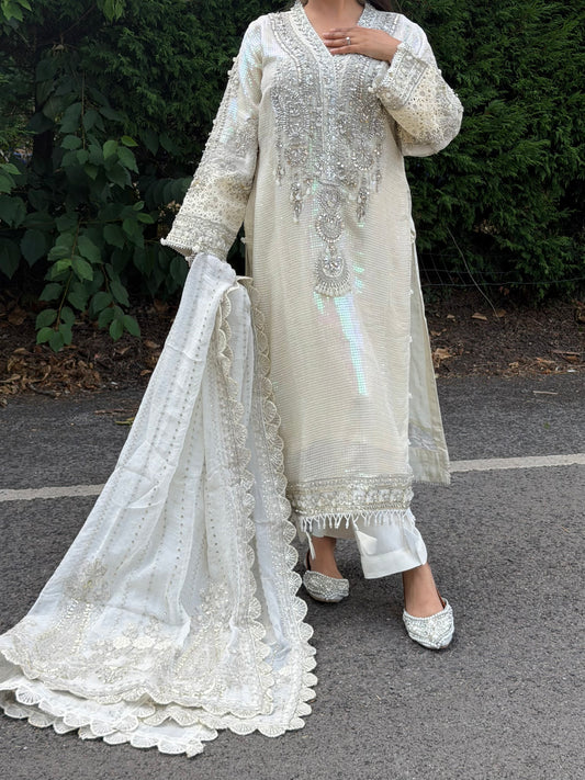 WHITE SEQUIN LONG KAMEEZ 3 PIECE SUIT