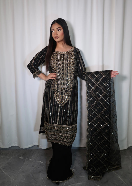 BLACK EMBROIDERED 3 PIECE CHIFFON SUIT
