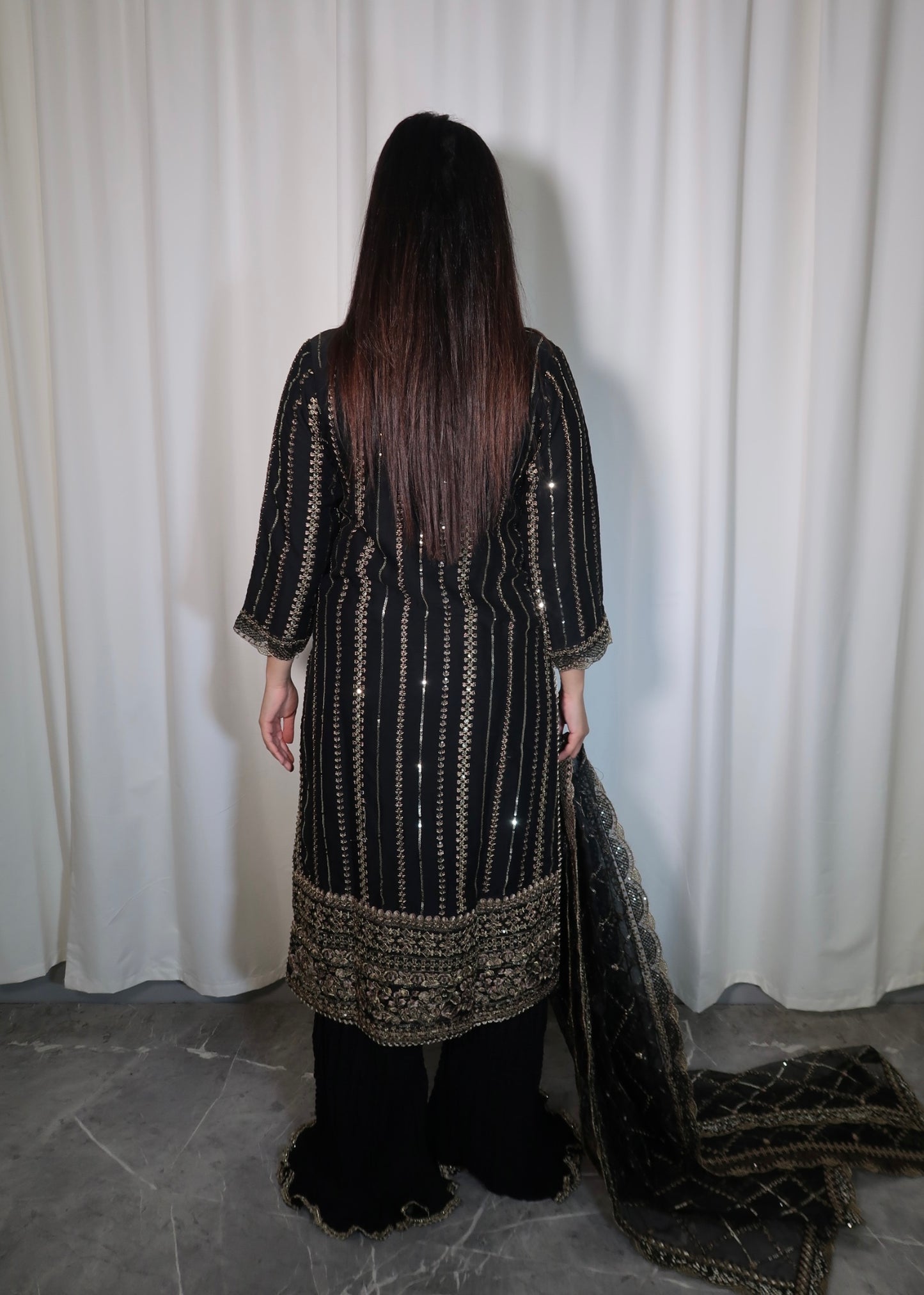 BLACK EMBROIDERED 3 PIECE CHIFFON SUIT