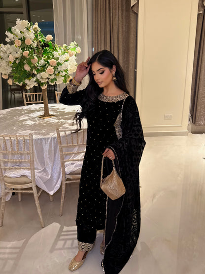 DIYA BLACK VELVET 3 PIECE PLAZZO SUIT