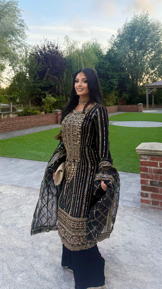 BLACK EMBROIDERED 3 PIECE CHIFFON SUIT