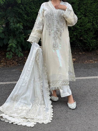 WHITE SEQUIN LONG KAMEEZ 3 PIECE SUIT