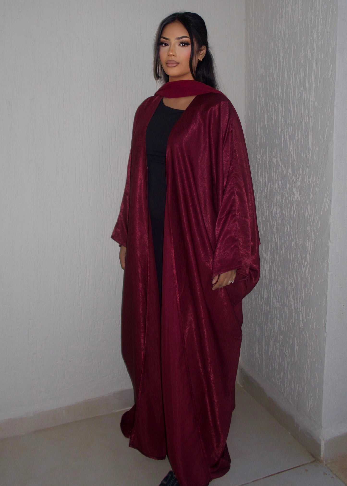 LUJAIN CRUSHED SATIN OPEN ABAYA