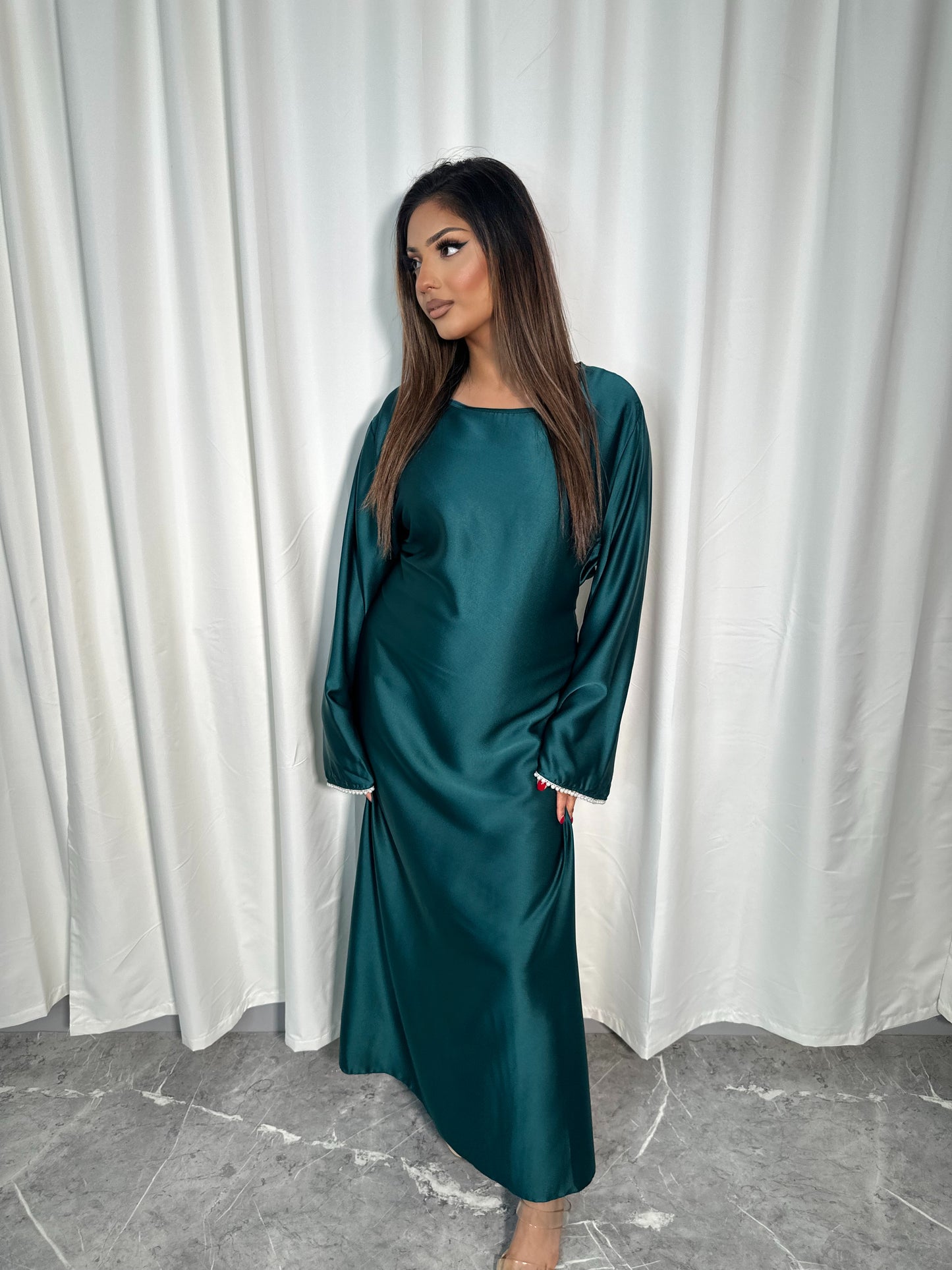 SATIN CORSET TIE PEARL SLEEVE MAXI