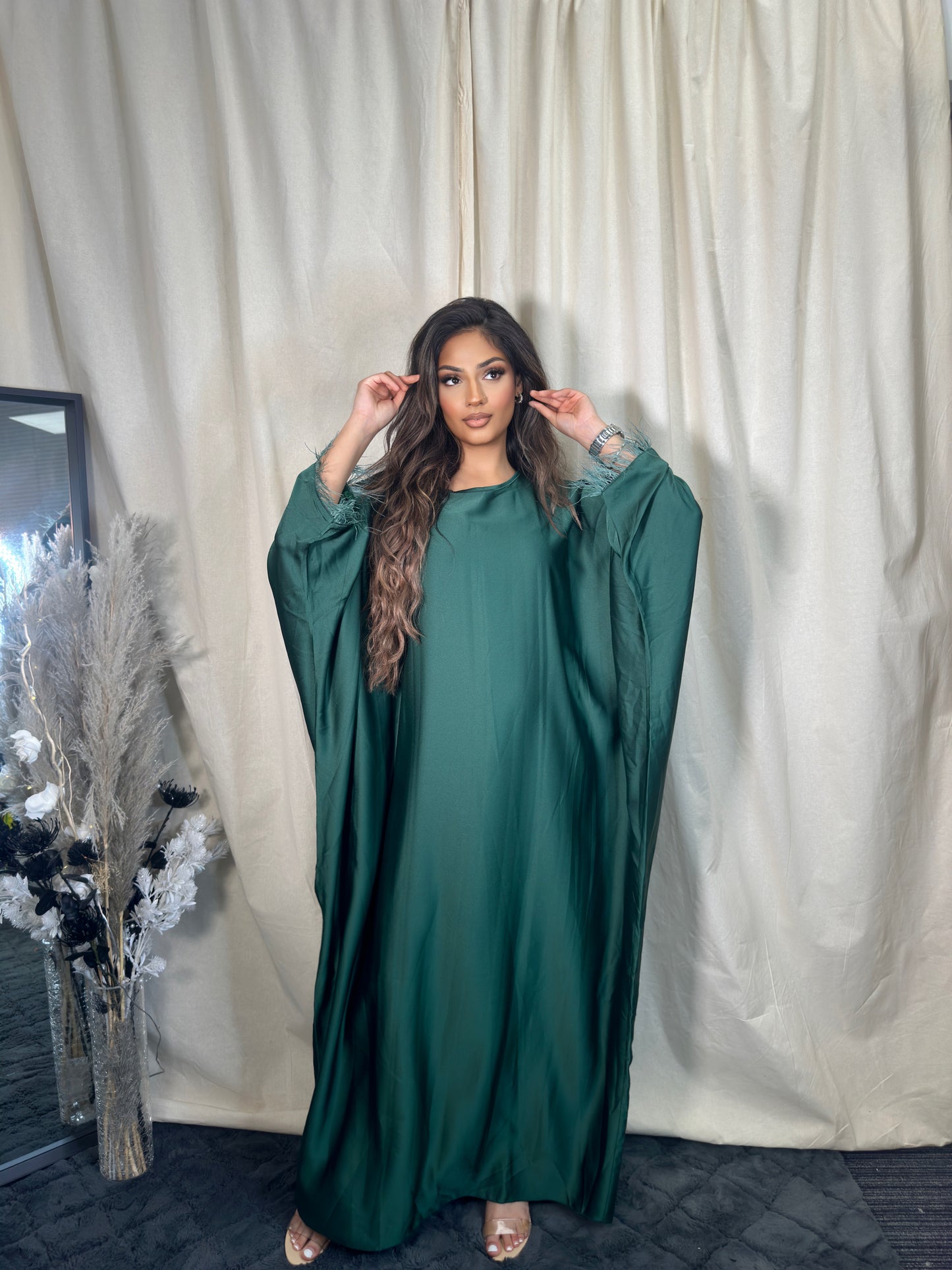 FEATHER TRIM SATIN KAFTAN