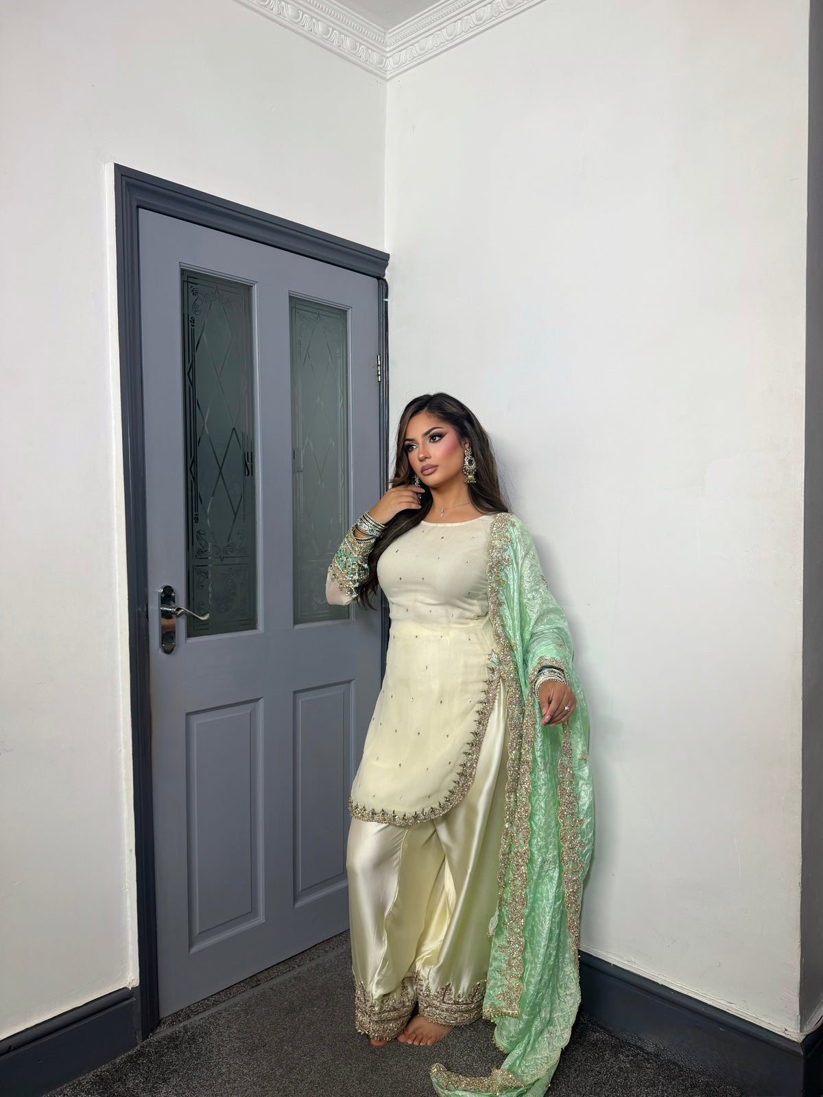 AYSHA IVORY & MINT  3 PIECE SUIT