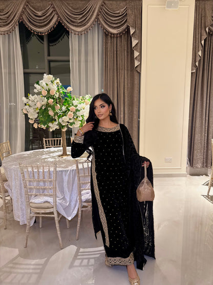 DIYA BLACK VELVET 3 PIECE PLAZZO SUIT