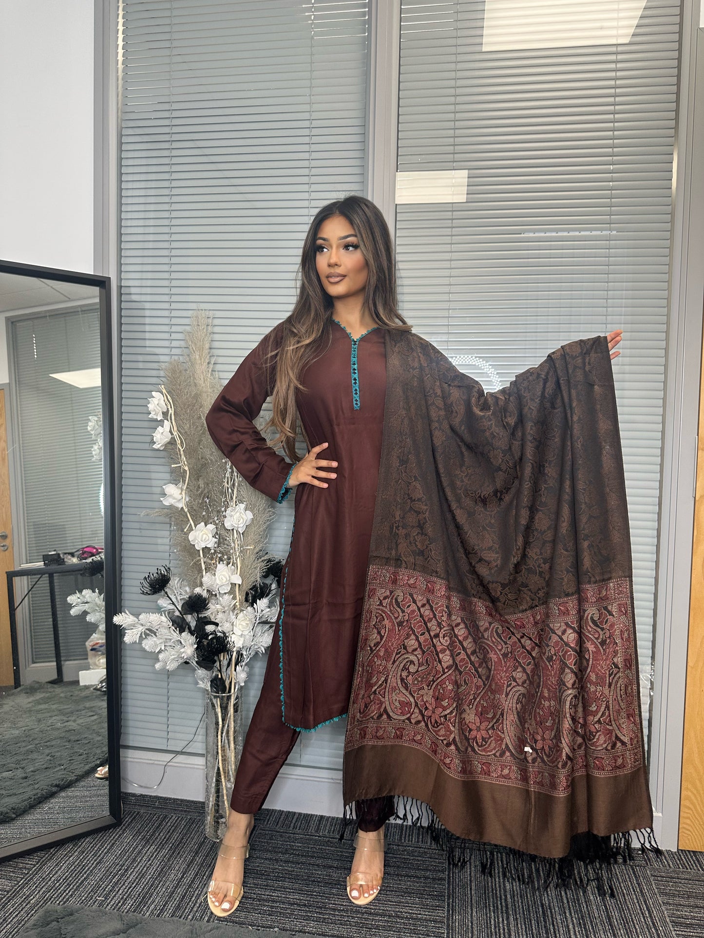 BROWN SHAWL SUIT