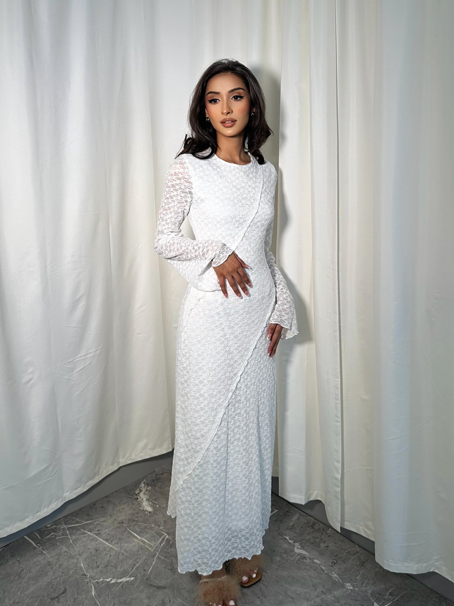 MINA FLUTE SLEEVE MESH LACE MAXI