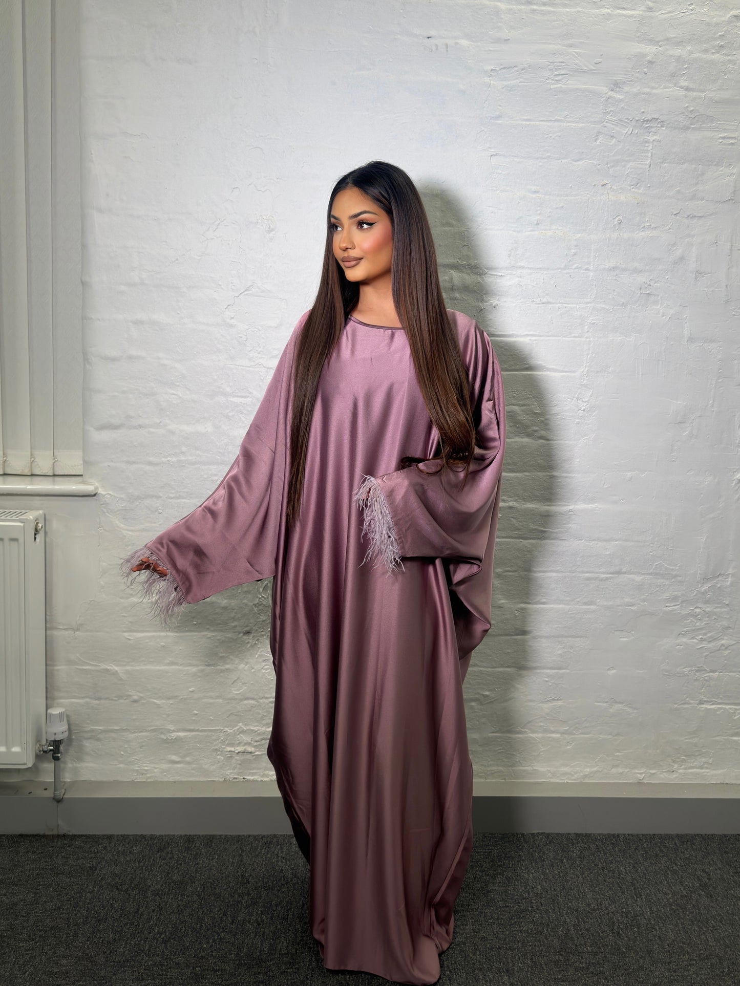 FEATHER TRIM SATIN KAFTAN