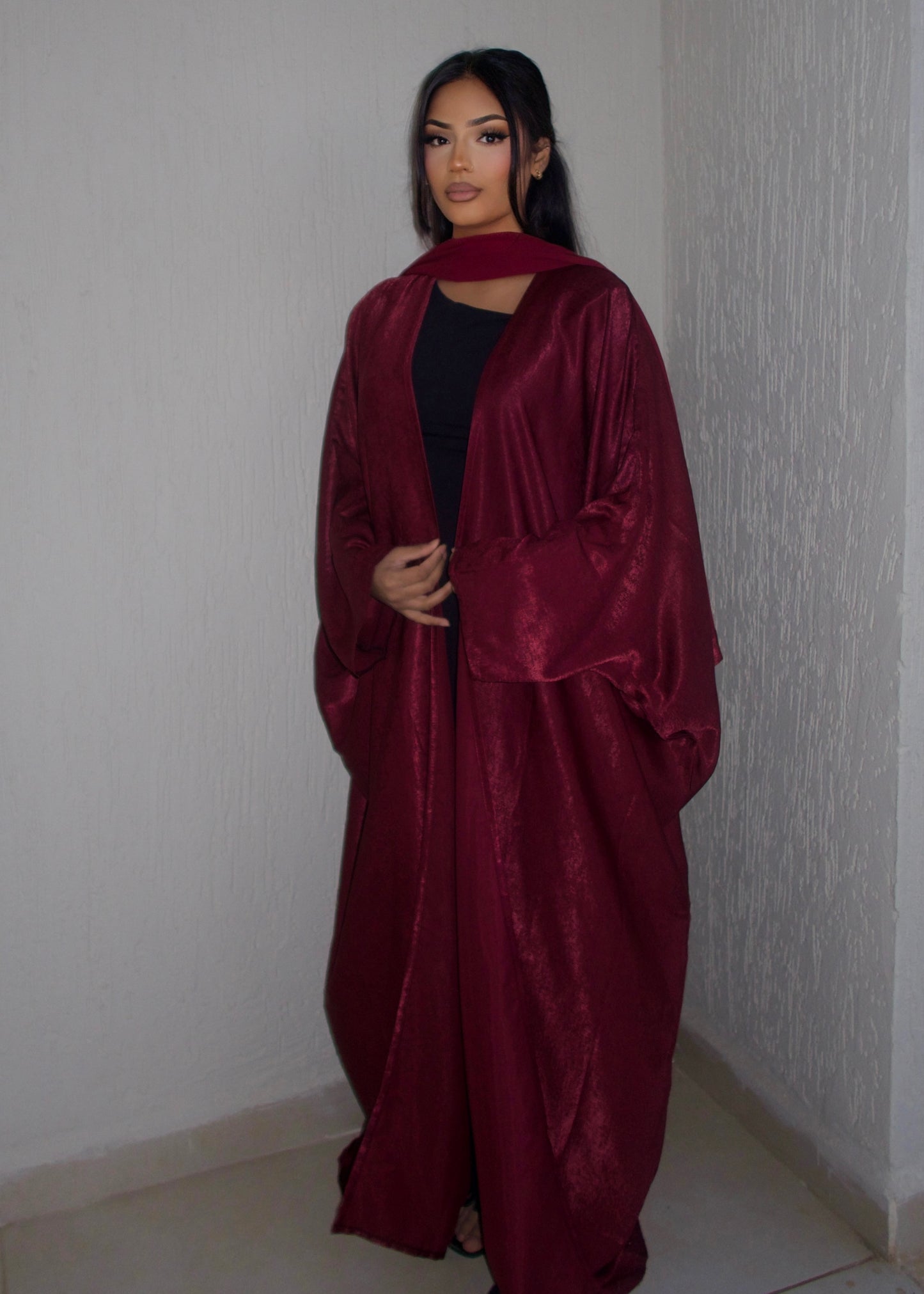 LUJAIN CRUSHED SATIN OPEN ABAYA