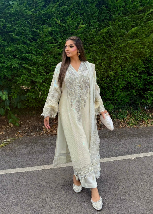 WHITE SEQUIN LONG KAMEEZ 3 PIECE SUIT