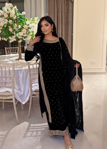 DIYA BLACK VELVET 3 PIECE PLAZZO SUIT